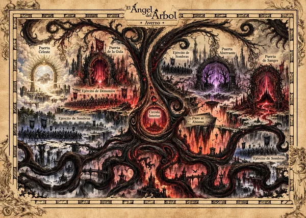 Mapa de Averno: Puerta Celeste, Puerta de la Gula, Puerta Aberrante, Puerta de Sangre, Círculo Interior, Paso al Abismo y ejércitos de Sombras y Demonios