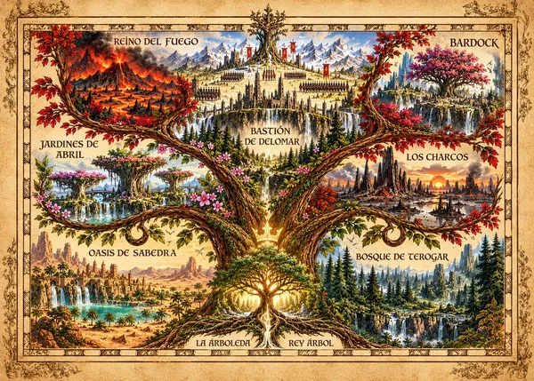 Mapa general de El Ángel del Árbol: Reino del Fuego, Bardock, Bastión de Delomar, Jardines de Abril, Los Charcos, Oasis de Sabedra, Bosque de Terogar, La Arboleda y Rey Árbol