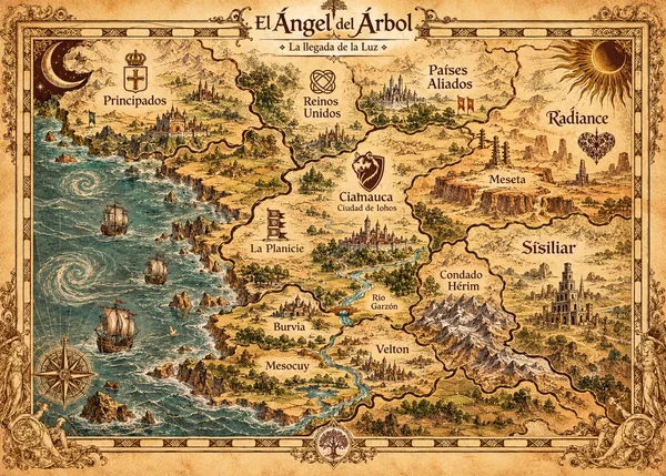 Mapa de La Llegada de la Luz: Principados, Reinos Unidos, Países Aliados, Ciamauca, Planicie, Burvia, Mesocuy, Velton, Condado Hérim, Radiance y Síssiliar