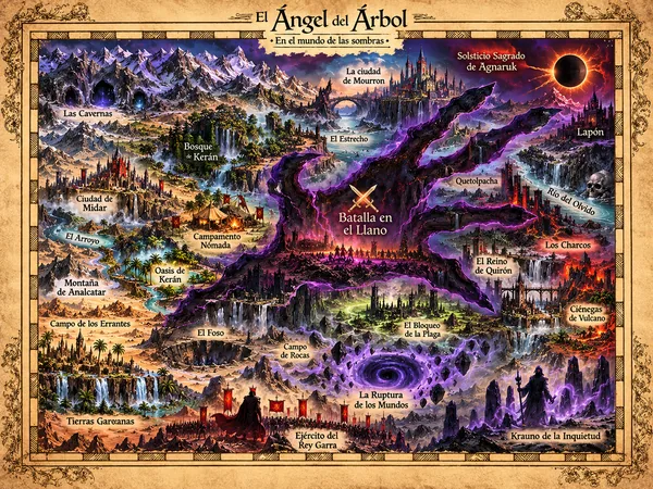 Mapa de El Mundo de las Sombras: Las Cavernas, Bosque de Kerán, Ciudad de Midar, Oasis de Kerán, Batalla en el Llano, Reino de Quirón, Río del Olvido y Ruptura de los Mundos