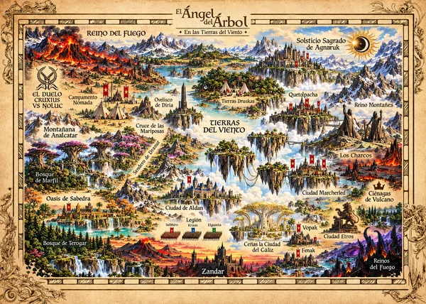 Mapa de Tierras del Viento: Reino del Fuego, Tierras del Viento, Duelo Cruxius vs. Noluc, Solsticio Sagrado de Agnaruk, Bosque de Marfil, Oasis de Sabedra, Ciudad de Aldan y Zandar